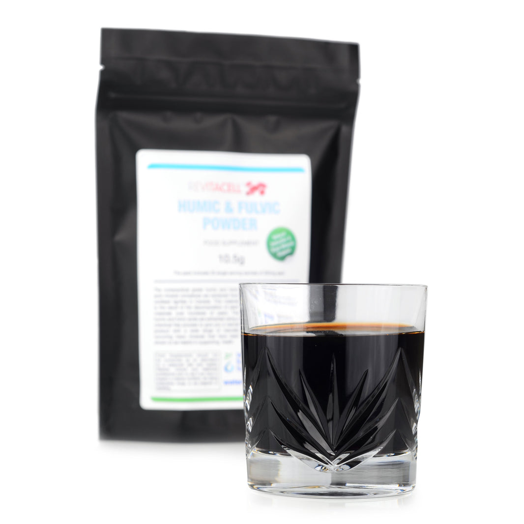 packet of humic and fulvic powder sachets and glass of powder with water