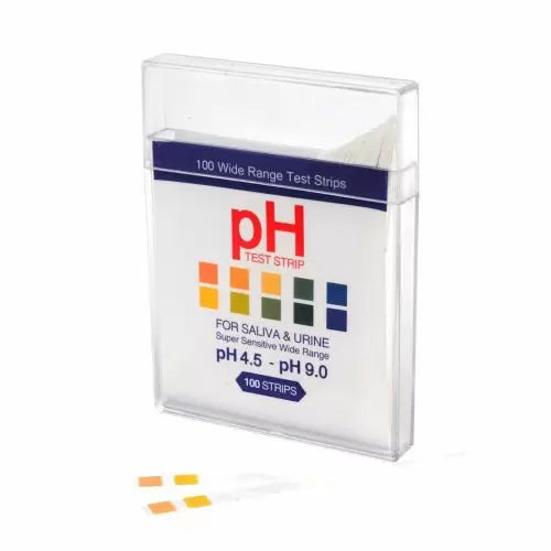 box of pH test strips with 2 loose test strips