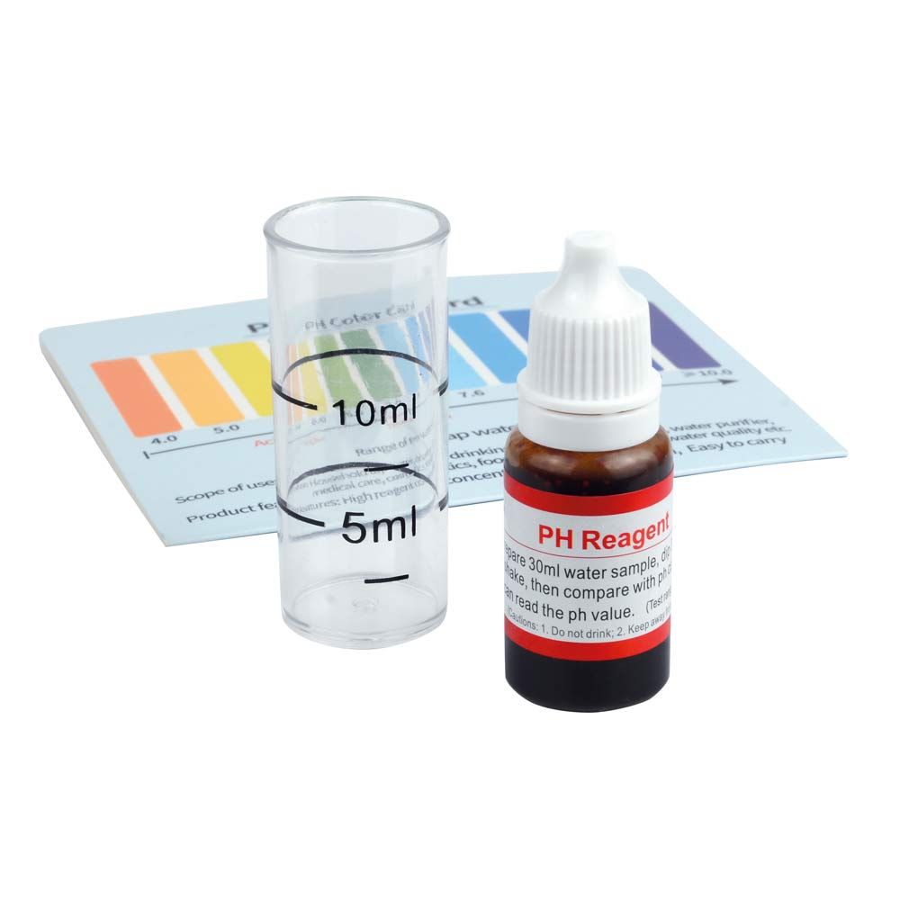 bottle of ph reagent with measuring cup and colour chart